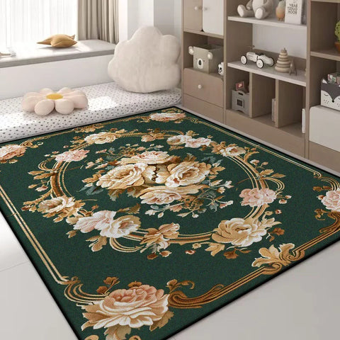 Navak Carpet Luxuriöser Teppich mit grünen Blumen – Rutschfester großer Wohnzimmerteppich, goldener Rand, waschbare weiche Matte für die Heimdekoration im Schlafzimmer