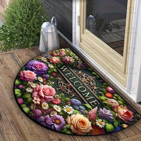 Navak Carpet Rutschfeste, halbrunde Fußmatte mit Blumenmuster, saugfähig, Willkommensteppich, waschbar, Fußmatte, Eingangsmatte für drinnen und draußen