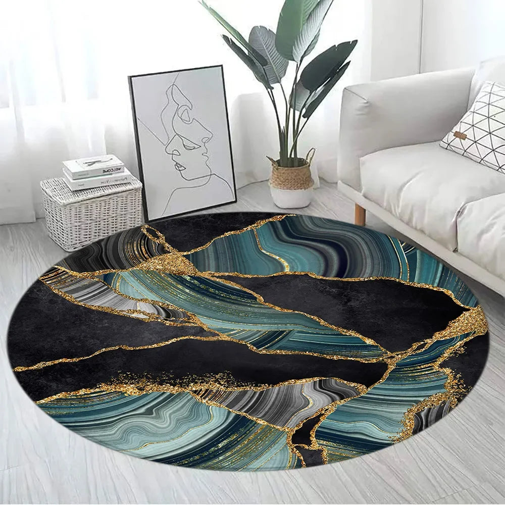 Navak Teppich, abstrakt, blauer Marmor, runder Teppich, goldfarben, strukturiert, geometrisches Muster, schwarz, Heimteppich, Wohnzimmer, Schlafzimmer, Dekor, Sofa, Teppich, Fußmatten