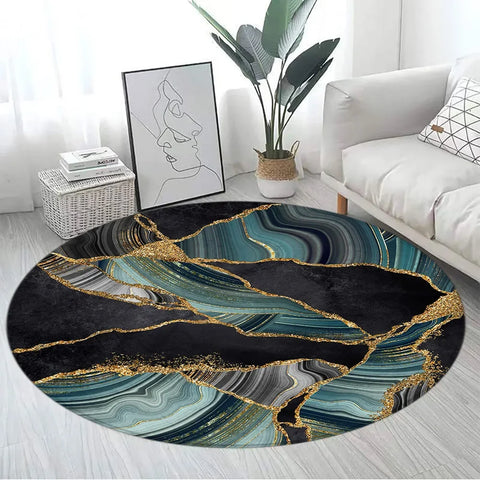 Navak Teppich, abstrakt, blauer Marmor, runder Teppich, goldfarben, strukturiert, geometrisches Muster, schwarz, Heimteppich, Wohnzimmer, Schlafzimmer, Dekor, Sofa, Teppich, Fußmatten