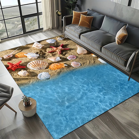 Navak Carpet 2025 Neuer Seestern-Strand-Muschel-Seestern-Sand-Teppich für Wohnzimmer, Schlafzimmer, Heimsofa-Dekoration, Kinderspiel-Rutschfeste Bodenmatte