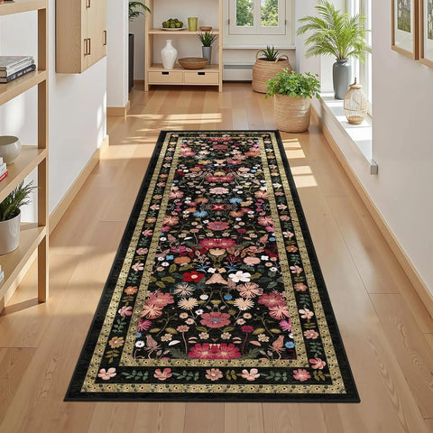 Navak Teppich, floraler Flurläufer, Teppich, weiche Blume, botanischer langer Teppich, Schlafzimmer, rutschfeste Bodenmatte, maschinenwaschbar, Küche, Heimdekoration