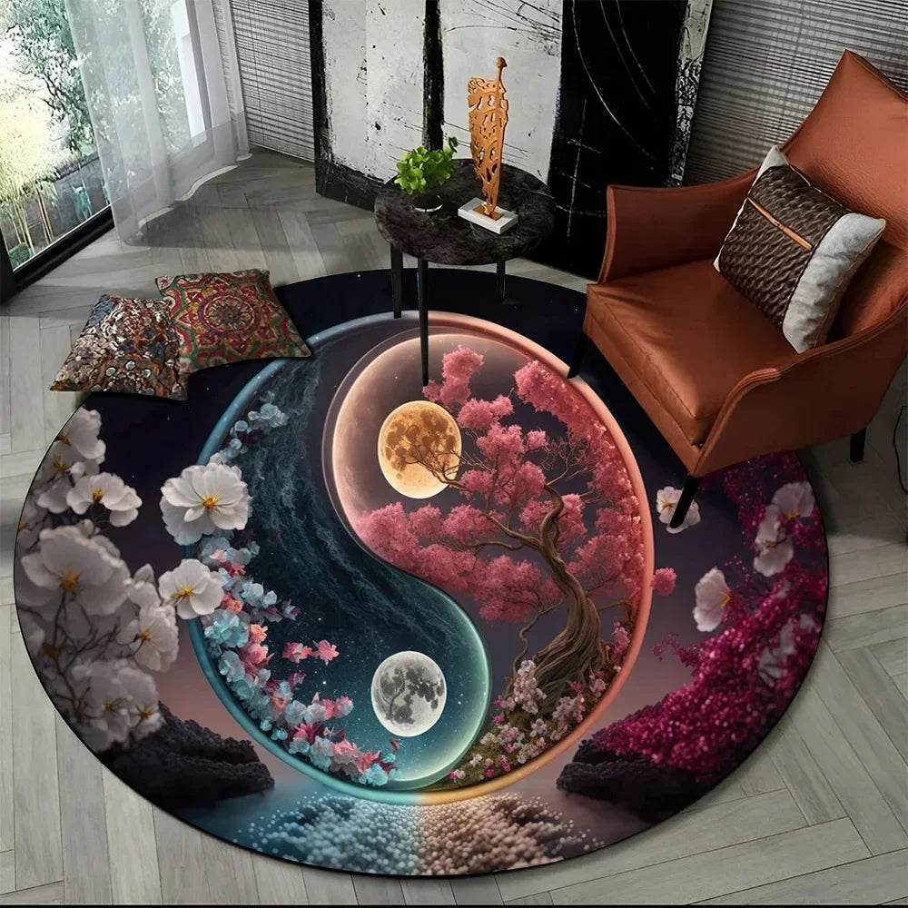 Navak Carpet Crystal Velvet Yin Yang Runder Teppich, 3D Tai Chi Druck, rutschfeste Bodenmatte für Wohnzimmer, Schlafzimmer, Heimdekor, Kreisbereichsteppich