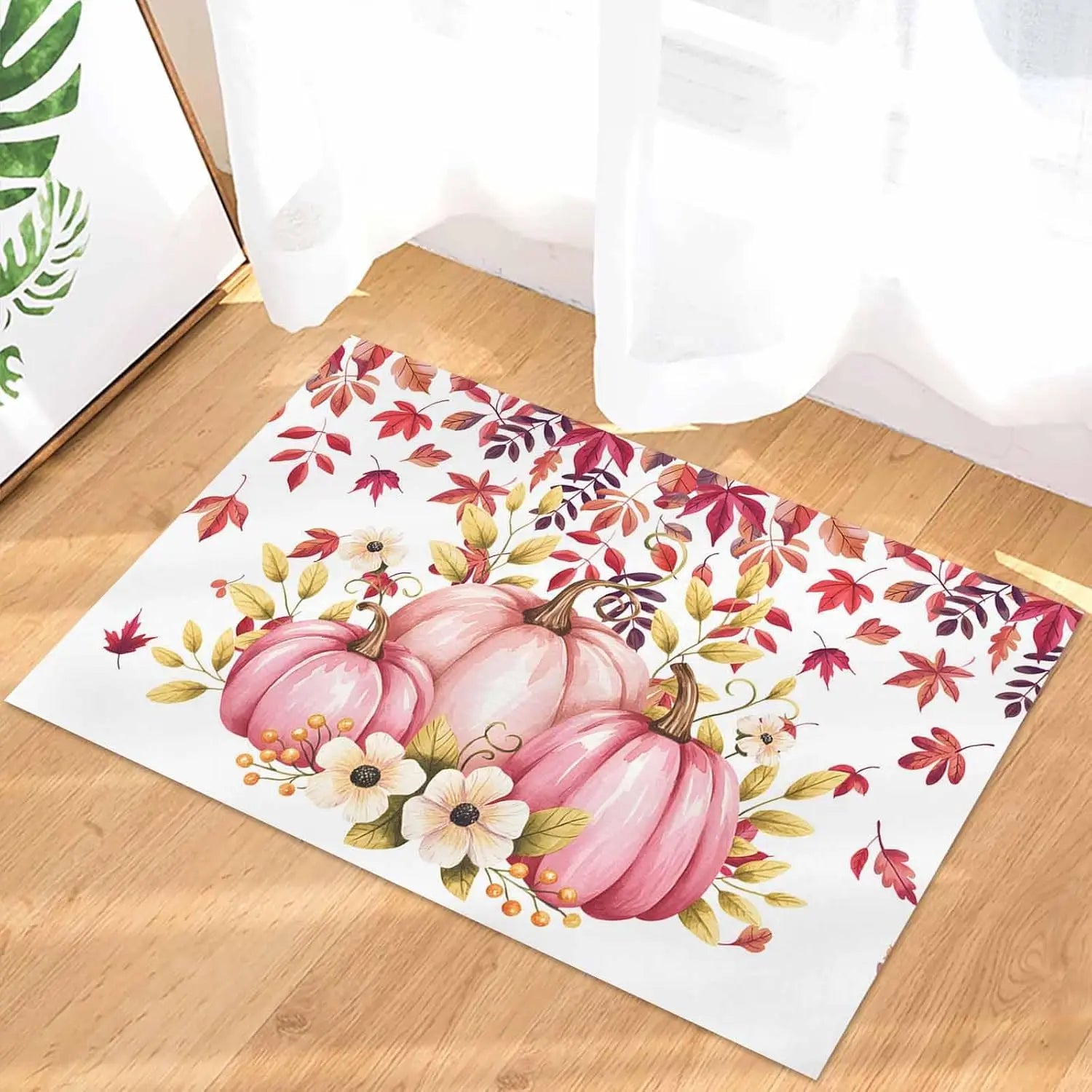 Navak Teppich, Herbst, rosa Kürbisse, Blumen, Blätter, Willkommens-Fußmatten, Dekor, Küche, Flur, Balkon, Teppiche, Schlafzimmer, neben der Fußmatte, rutschfeste Bodenmatte