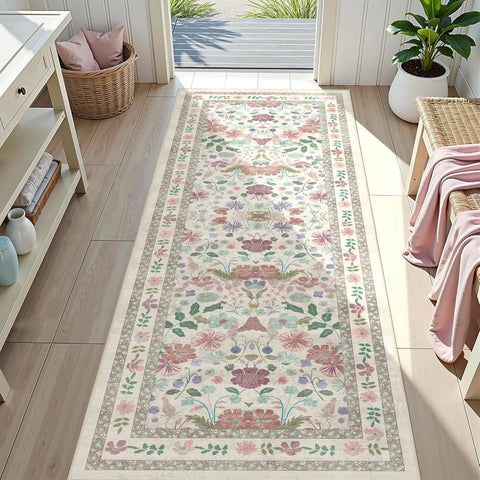 Navak Teppich, floraler Flurläufer, Teppich, weiche Blume, botanischer langer Teppich, Schlafzimmer, rutschfeste Bodenmatte, maschinenwaschbar, Küche, Heimdekoration