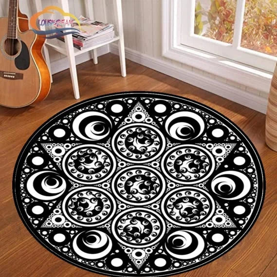 Navak Teppich Pentagramm Sonne gemusterter runder Teppich, Satan Devil's Trap Teppich, Weiß auf Schwarz Supernatural Runen Teppich
