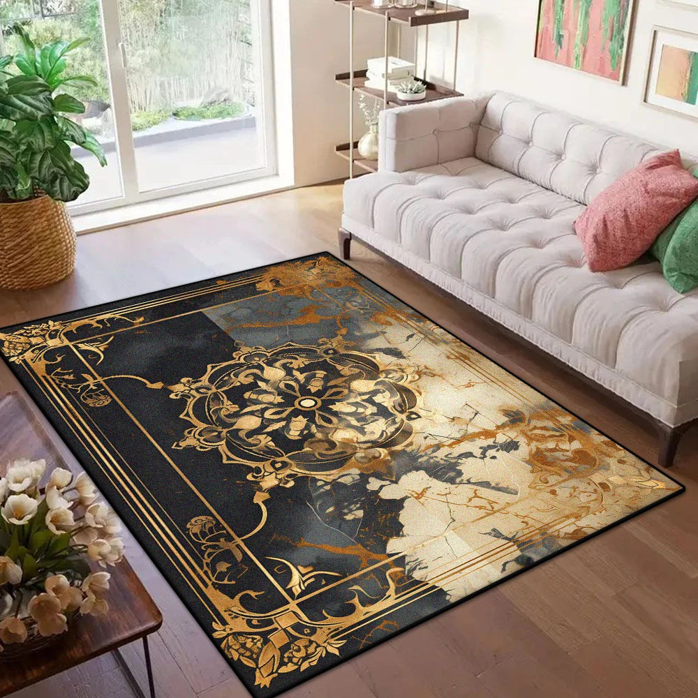 Navak Carpet Marmor-Stil, luxuriöser Teppich mit goldenem Rand für Wohnzimmer, weicher, rutschfester großer Schlafzimmerteppich, maschinenwaschbar, Eingangstürmatte