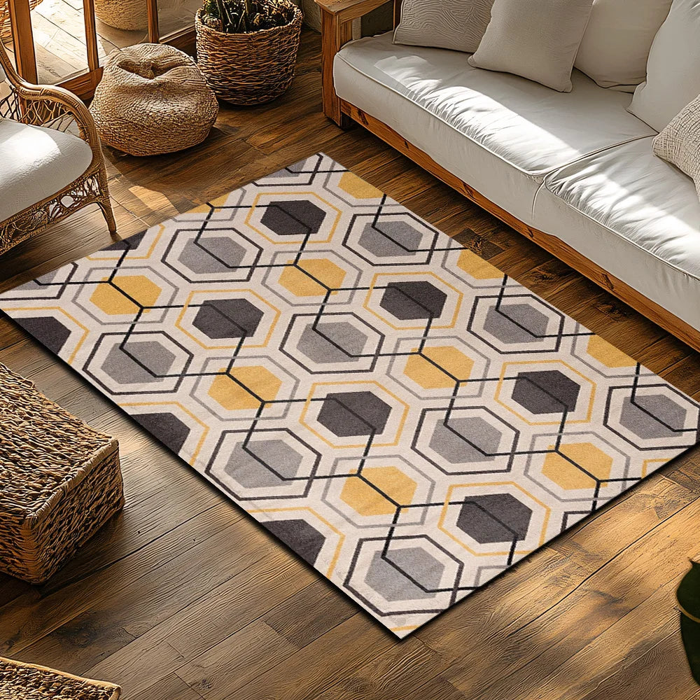 Navak Teppich, Gelb-Grau, Geometrischer Bohemian-Teppich, Modernes Muster, Rutschfester Teppich, Gemütliche Wohnzimmermatte für skandinavisches Dekor