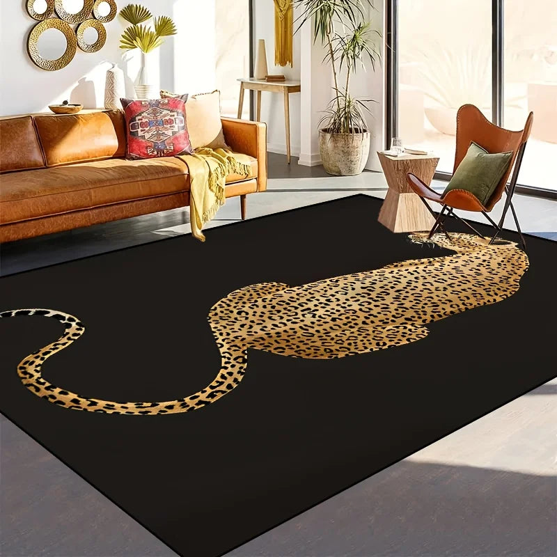 Navak Carpet 1-teilige Matte mit Leopardenmuster, maschinenwaschbar, dekorativer Teppich mit schwarzem Hintergrund und goldenem Leopardenmuster
