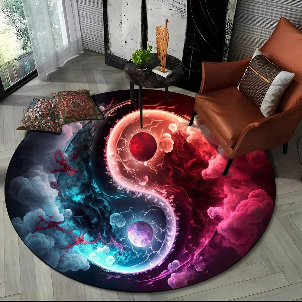 Navak Carpet Crystal Velvet Yin Yang Runder Teppich, 3D Tai Chi Druck, rutschfeste Bodenmatte für Wohnzimmer, Schlafzimmer, Heimdekor, Kreisbereichsteppich