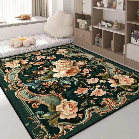 Navak Carpet Luxuriöser Teppich mit grünen Blumen – Rutschfester großer Wohnzimmerteppich, goldener Rand, waschbare weiche Matte für die Heimdekoration im Schlafzimmer