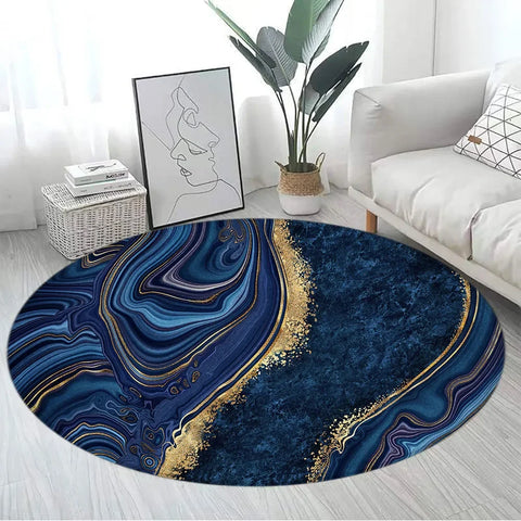 Navak Teppich, abstrakt, blauer Marmor, runder Teppich, goldfarben, strukturiert, geometrisches Muster, schwarz, Heimteppich, Wohnzimmer, Schlafzimmer, Dekor, Sofa, Teppich, Fußmatten