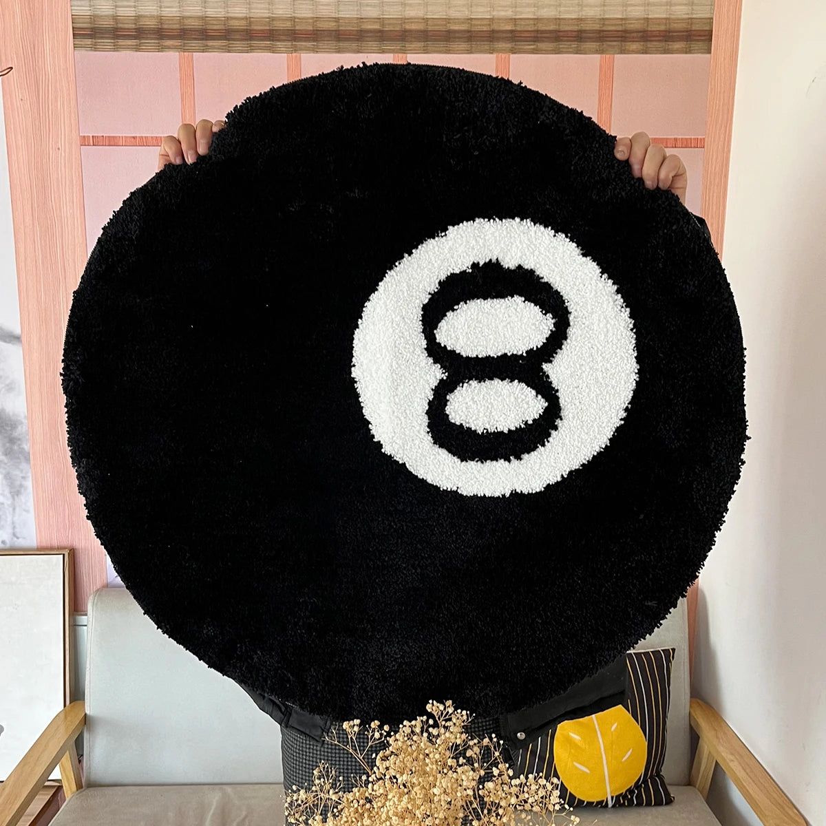 Navak Teppich, 1 Packung, schwarz, Billard, 8-Ball, rund, beflockter Boden, Schlafzimmer, rutschfeste Teppichmatte, Wohnzimmer, Plüsch, weicher Schlafzimmerteppich