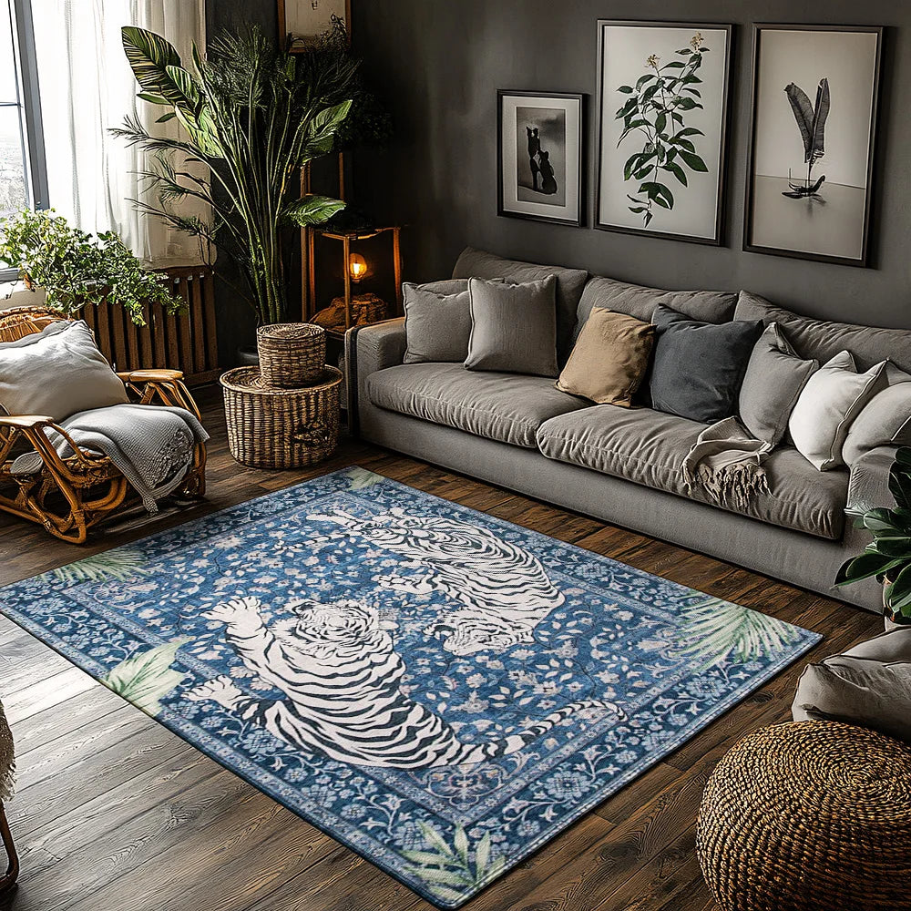 Navak Carpet Blauer Tigermuster-Boho-Teppich, Rutschfester Teppich mit Dschungelmotiv, Plüsch-Wohnzimmermatte für von der Natur inspiriertes Dekor