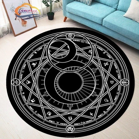 Navak Teppich Pentagramm Sonne gemusterter runder Teppich, Satan Devil's Trap Teppich, Weiß auf Schwarz Supernatural Runen Teppich