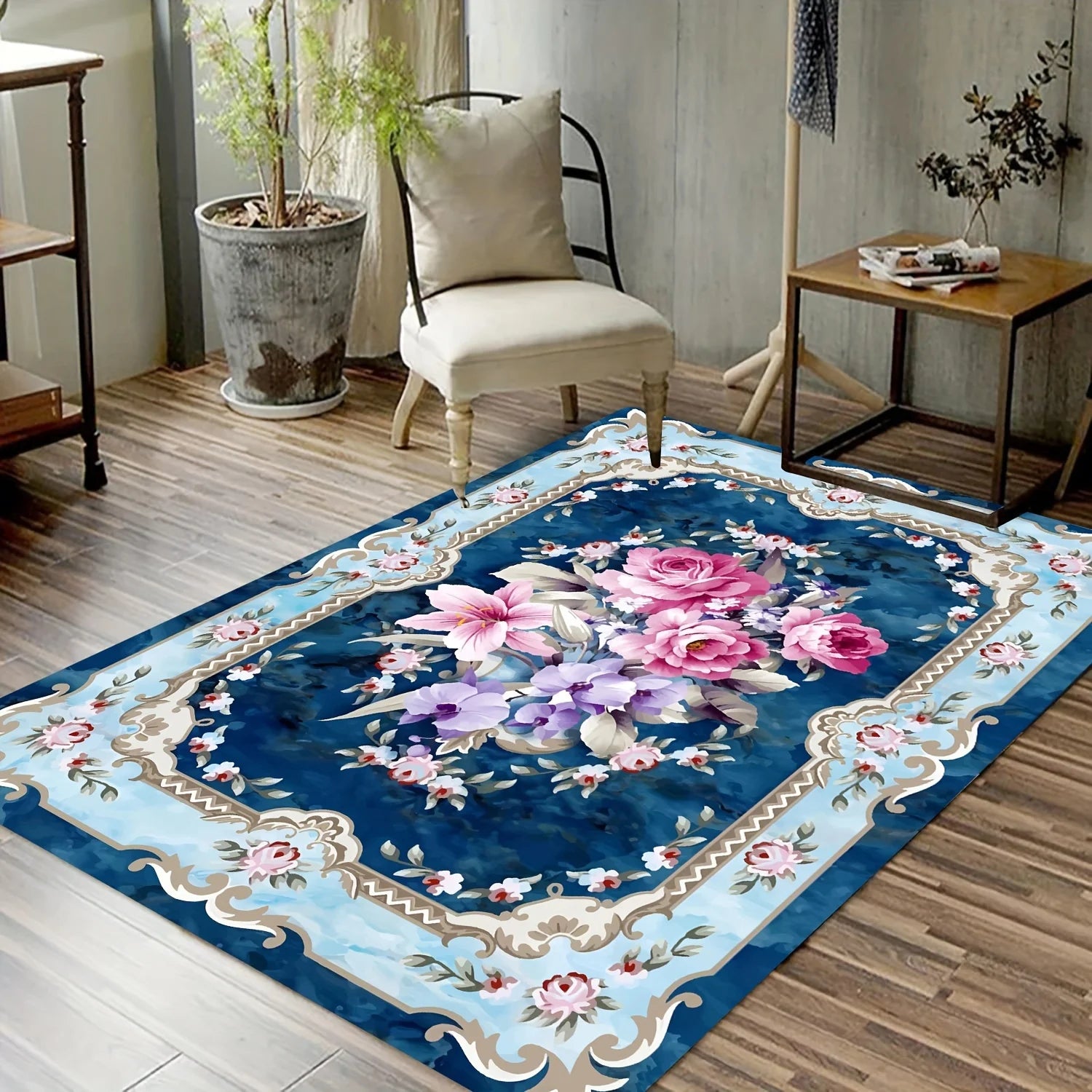 Navak Carpet Crystal velvet rug, large Persian floral print. Pink, white, green retro boho mat for modern homes—entry, bedroom, living room.