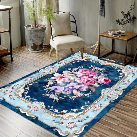 Navak Carpet Crystal velvet rug, large Persian floral print. Pink, white, green retro boho mat for modern homes—entry, bedroom, living room.