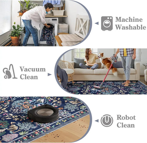 Navak Carpet Boho Floral Soft Blue Esszimmerteppich, rutschfest, ultradünn, schmutzabweisend, großer Bodenteppich für Schlafzimmer, Home Office