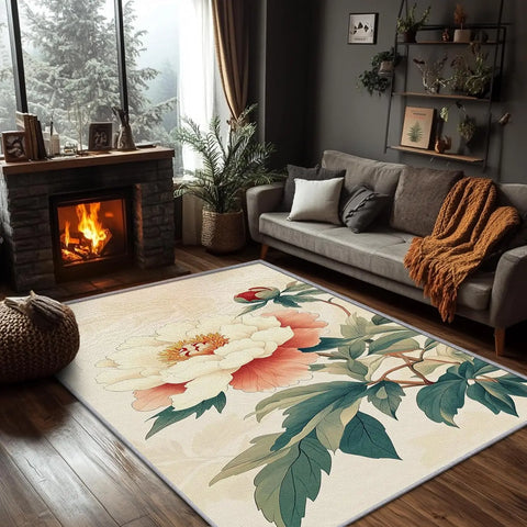 Navak Teppich Pfingstrosen-Blumenteppich, waschbar, Chinoiserie, floraler botanischer Bereichsteppich – Blumen-Orientalische Teppiche – Teppich im japanischen asiatischen Stil