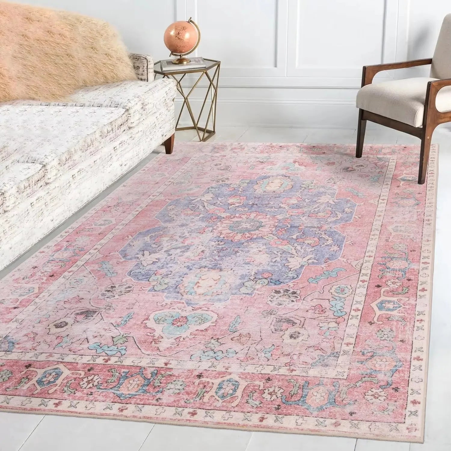 Navak Teppich, rutschfeste Rückseite, rosa, weicher Teppich, faltbar, maschinenwaschbar, Retro-Stil, für Wohnzimmer, Schlafzimmer, Esszimmer, Heimbüro, Dekoration