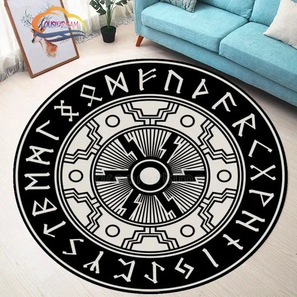 Navak Teppich Pentagramm Sonne gemusterter runder Teppich, Satan Devil's Trap Teppich, Weiß auf Schwarz Supernatural Runen Teppich