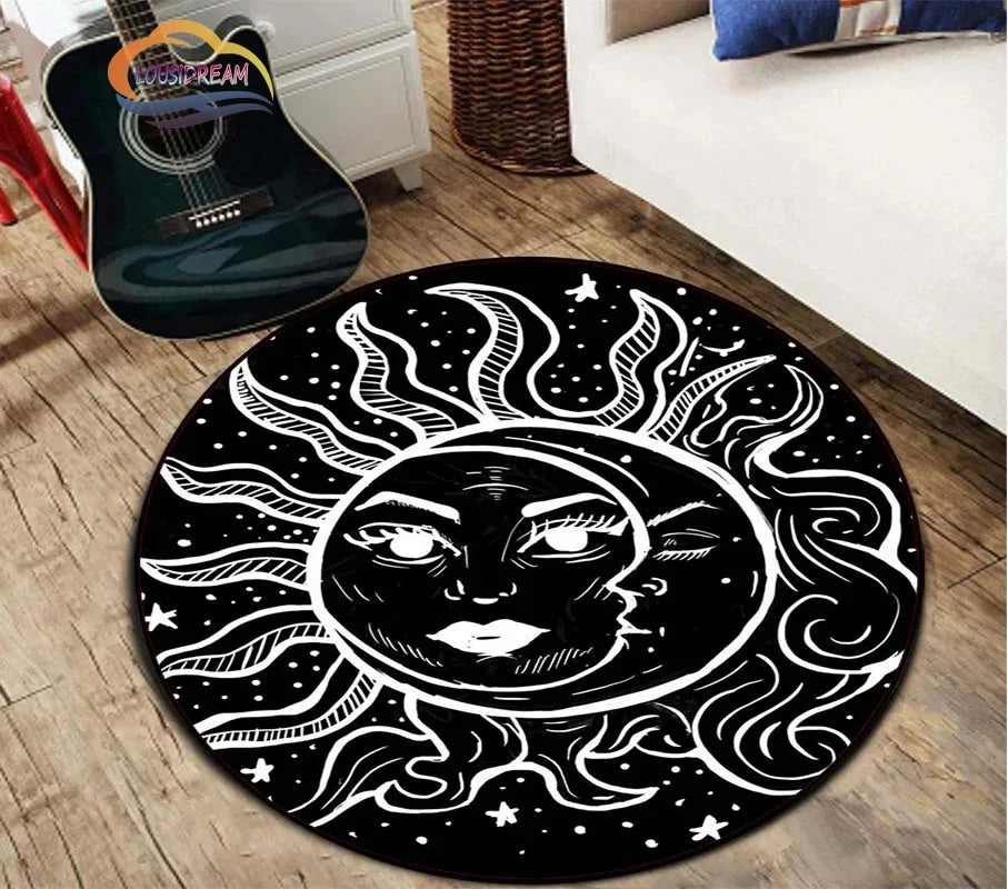 Navak Teppich Pentagramm Sonne gemusterter runder Teppich, Satan Devil's Trap Teppich, Weiß auf Schwarz Supernatural Runen Teppich