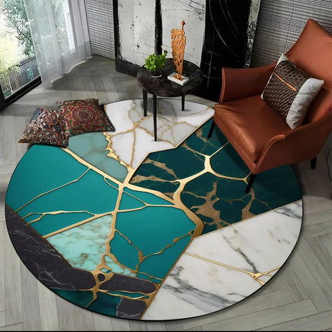 Navak Carpet 3D Luxus Marmordruck Runder Teppich Abstrakter geometrischer Bereichsteppich für Wohnzimmer Schlafzimmer Stuhldekor Rutschfeste Bodenmatte Fußmatte