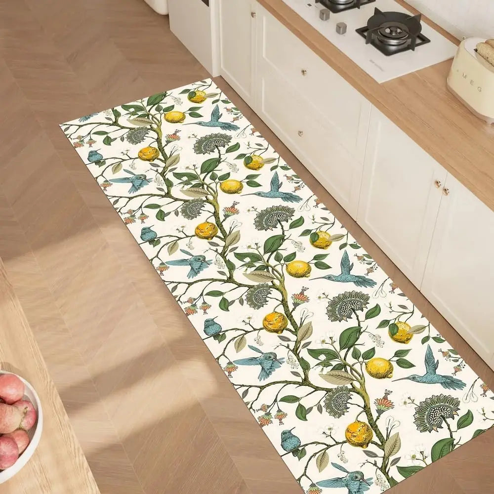 Navak Teppich Zitronenbaum Blumenvogel Küchenmatte Dekor Teppich für Wohnzimmer Rutschfester Flur Balkon Teppiche Schlafzimmer Fußmatte Badefußpolster