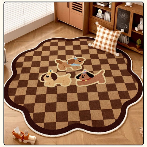 Navak Carpet Retro Brown Living Room Decoration Round Carpet Cartoon Style Rugs for Bedroom Anti-slip Lounge Floor Mat Washable Home Soft Rug