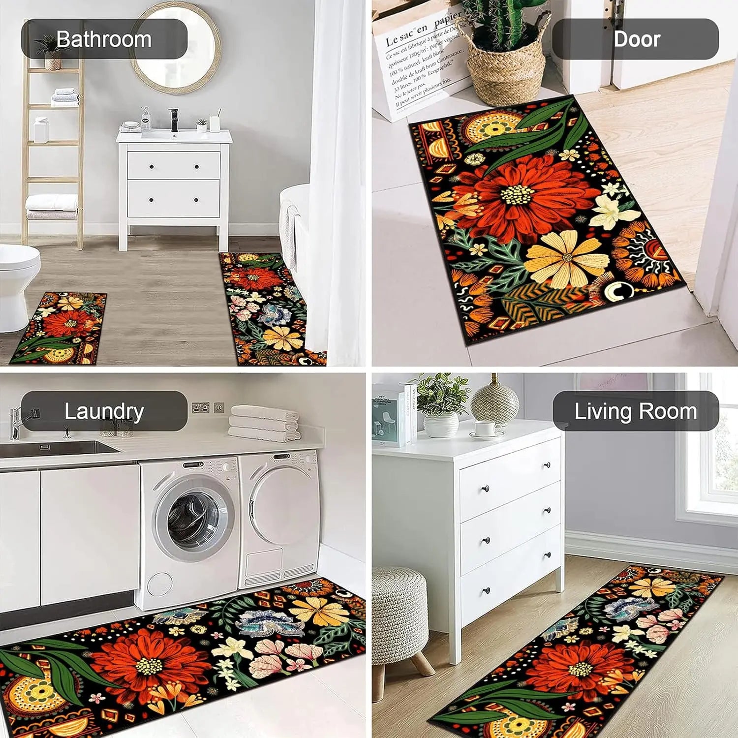 Navak Carpet Exclusive Picks 2-teiliges Sommerblumen-Teppichset, Heimdekoration, rutschfeste, schmutzabweisende und waschbare Bodenmatte, Badezimmerteppich für den Innenbereich