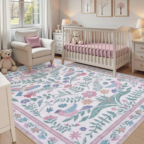 Navak Teppich, eleganter Boho-Teppich mit lila Blumen und Vogel-Print, Heimdekoration, Wohnzimmer-Sofa-Teppich, Schlafzimmer, Nachttisch, weicher Teppich, Küche, Esszimmer, Bodenmatte