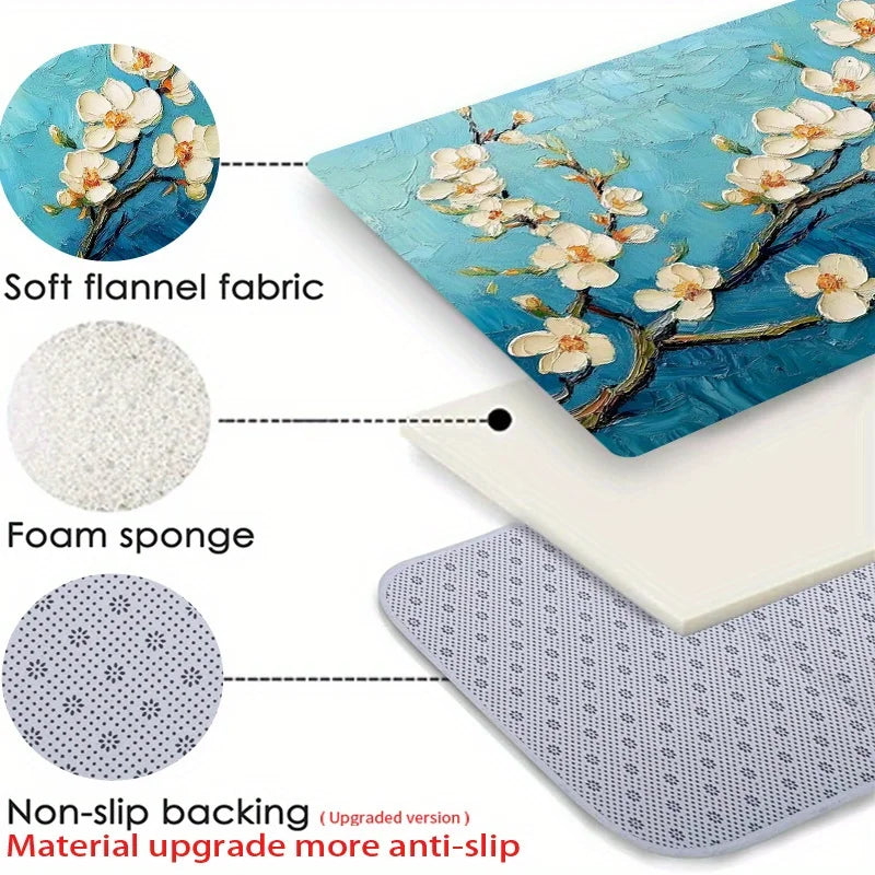Navak Carpet 1 Stück Fußmatte mit blauem Blumenzweig, Polyestergewebe, maschinenwaschbar, geeignet für Wohnzimmer, Schlafzimmer, Küche, Heimdekoration