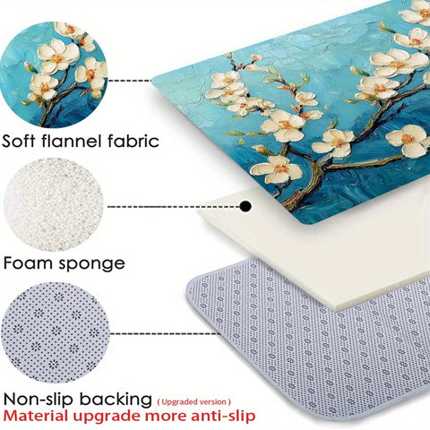 Navak Carpet 1 Stück Fußmatte mit blauem Blumenzweig, Polyestergewebe, maschinenwaschbar, geeignet für Wohnzimmer, Schlafzimmer, Küche, Heimdekoration