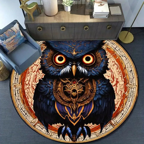 Navak Carpet 2D Flat, 3D Retro Owl Printed Polyester Area Mat - Rutschfeste runde Stuhlmatte für Wohnzimmer &amp; Schlafzimmer, 800g/m² Crystal Velvet, V
