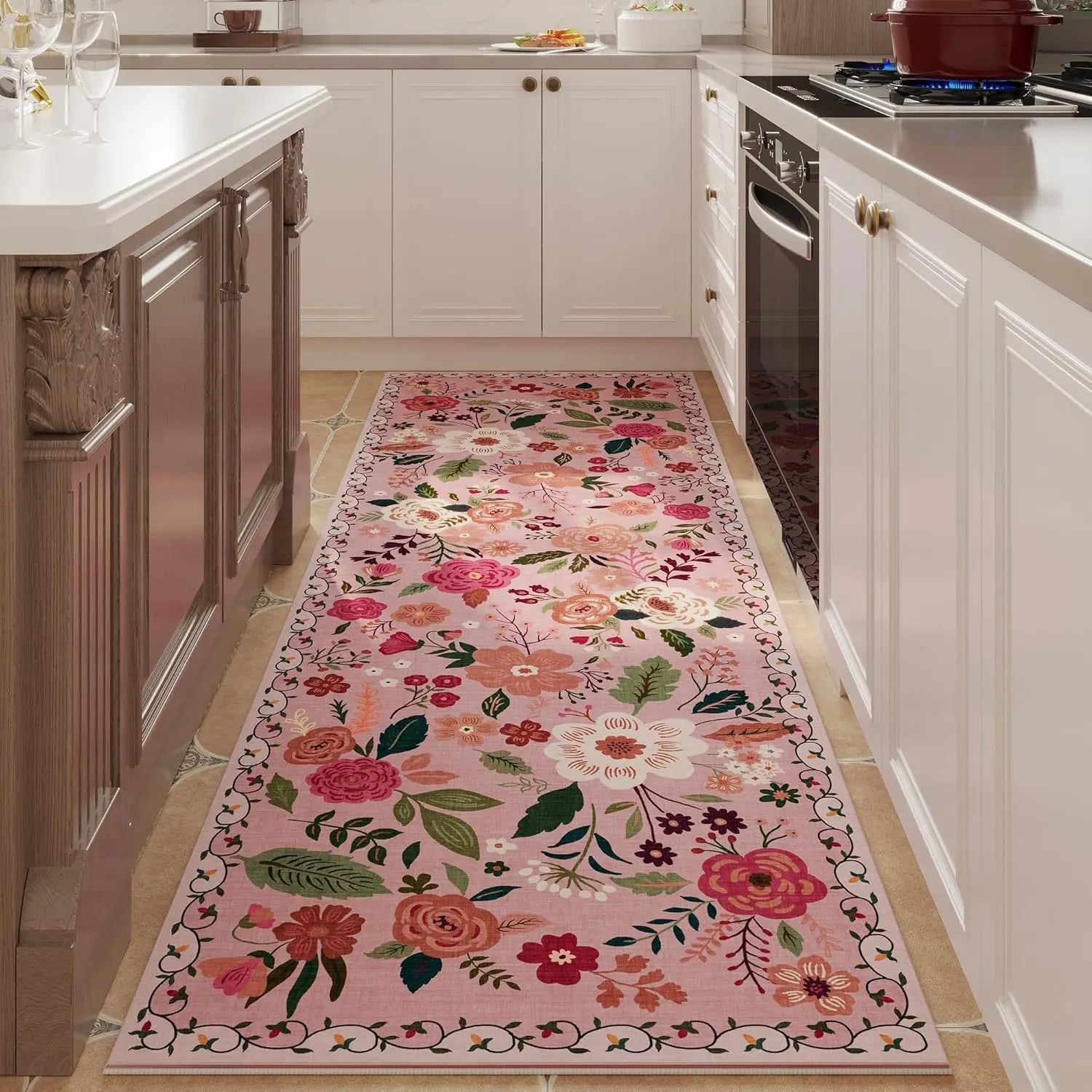 Navak Carpet Exclusive Picks Läuferteppich für Flure und Küchen, rutschfest, maschinenwaschbar, mit Gummirückseite, weiche Blumenteppiche für die Küchendekoration