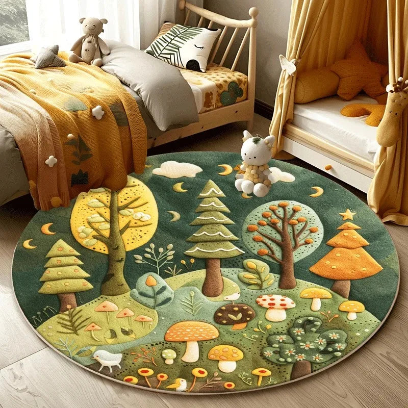 Navak Teppich Waldmuster Wohnzimmer Schöner runder Schlafzimmer-Dekorationsteppich Waschbarer Kinder-Bodenmatte-Studien-Teppich