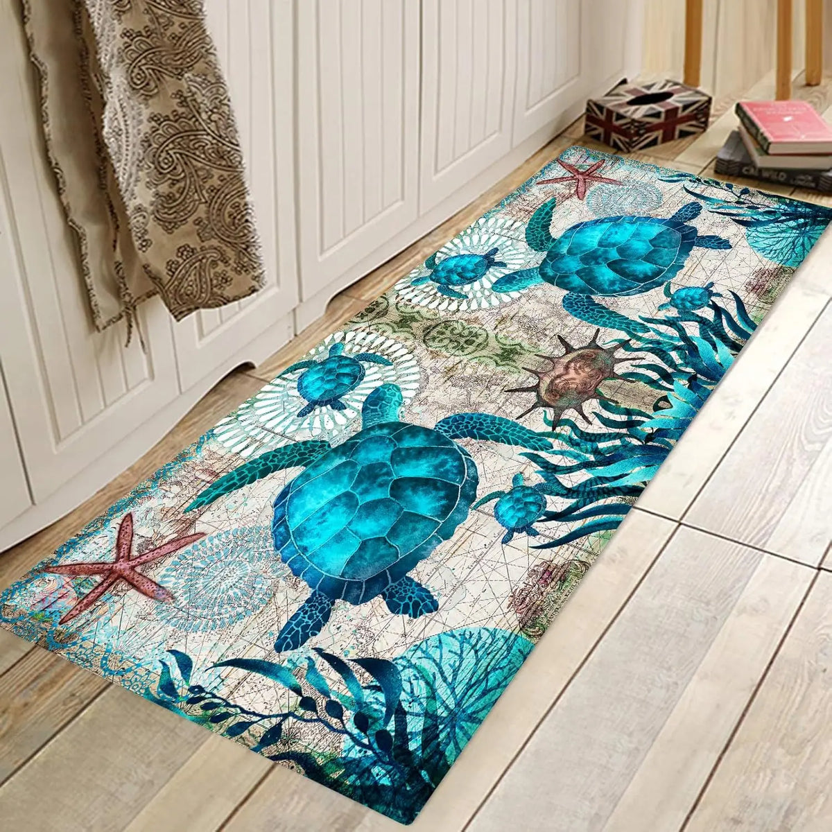 Navak CarpetCoastal Sea Turtle Ocean Life Läuferteppiche Dekor Küche Flur Balkon Bodenmatte Schlafzimmer Eingang Fußmatte Bad Rutschfeste Fußunterlage
