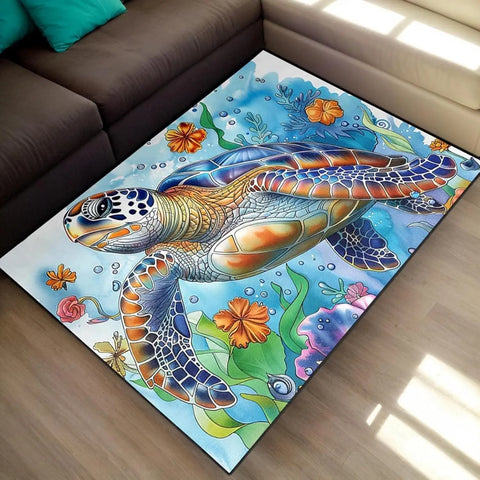 Navak Carpet Ozean-Thema Meeresschildkröten-Teppich für Wohnzimmer und Kinderzimmer, Küstendekor-Teppich, Unterwasser-Meerestier-Teppich