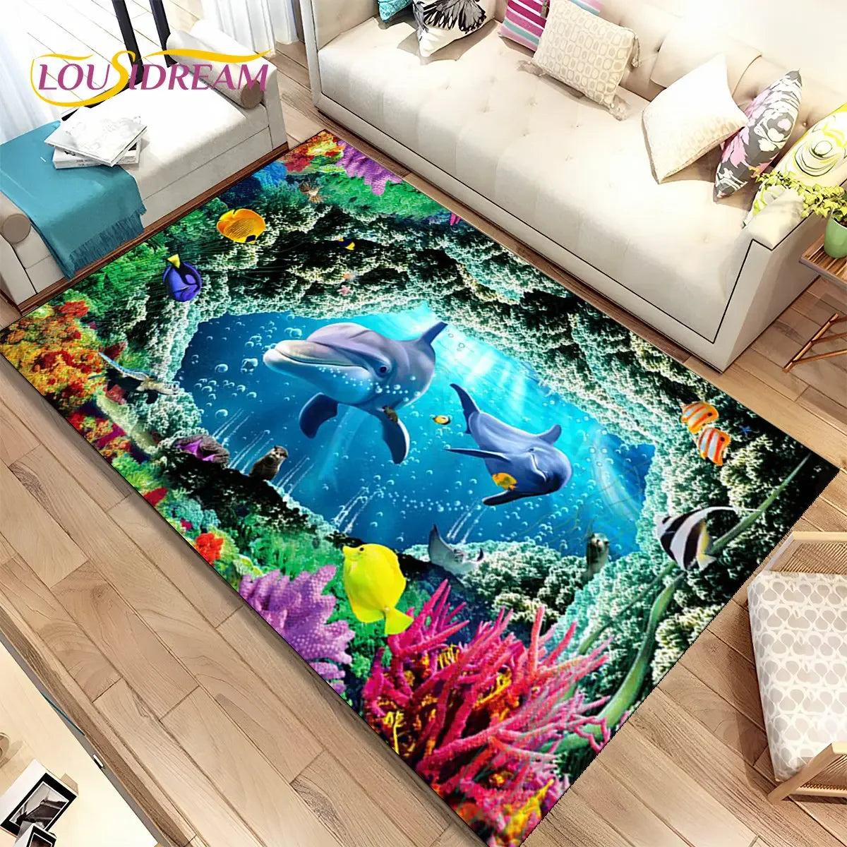 Navak Teppich, 3D-Illusion, Meeresboden, Unterwasserwelt, Delfin, Hai, Teppich für Wohnzimmer, Schlafzimmer, Sofa, Fußmatte, rutschfeste Bodenmatte