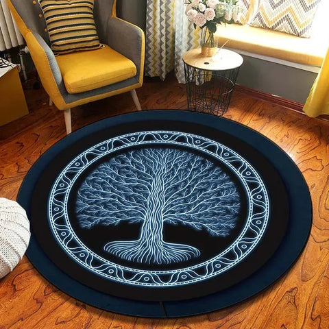 Navak Teppich Weltenbaum, rund, Wikinger-Druck, nordische Mythologie, rund, für Wohnzimmer, Schlafzimmer, Bodenmatte, Spielzimmer