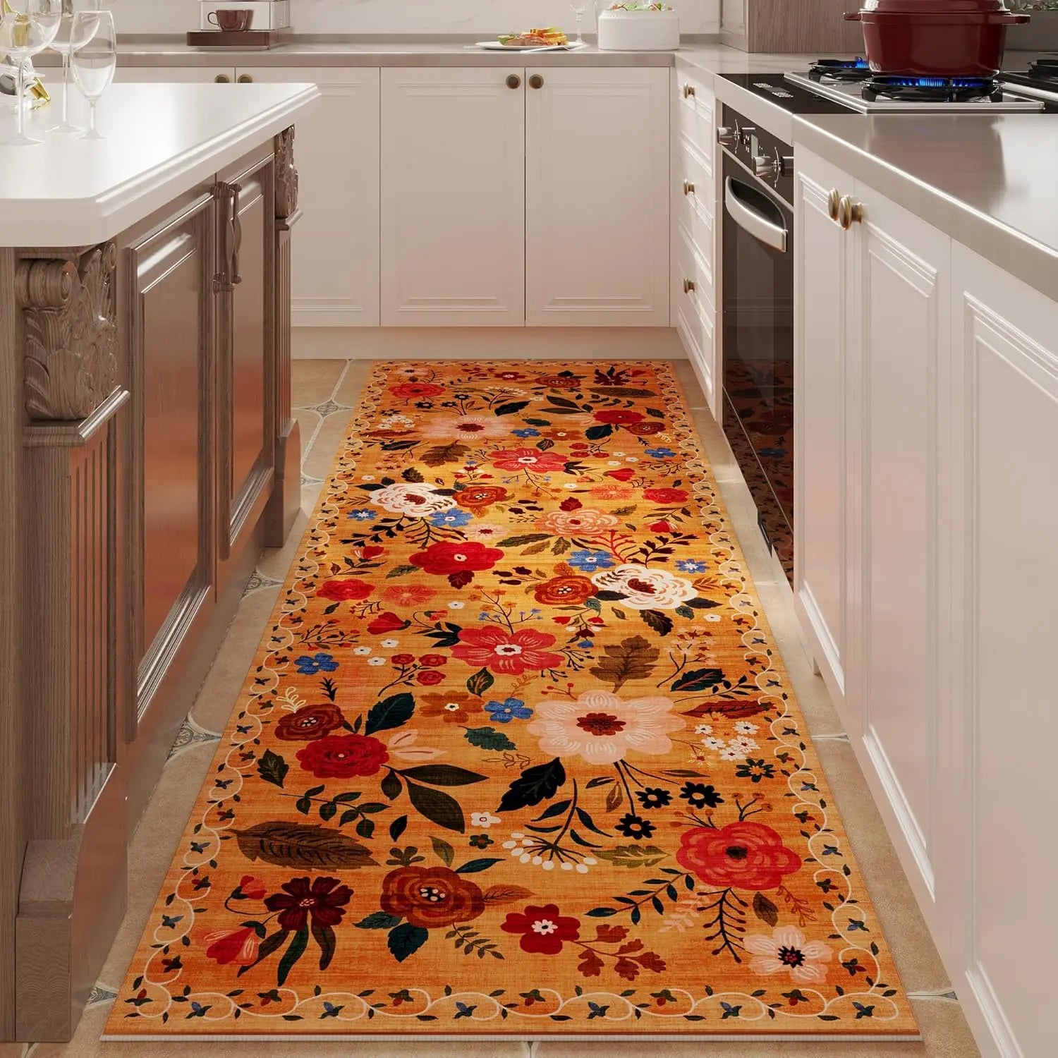 Navak Carpet Exclusive Picks Läuferteppich für Flure und Küchen, rutschfest, maschinenwaschbar, mit Gummirückseite, weiche Blumenteppiche für die Küchendekoration