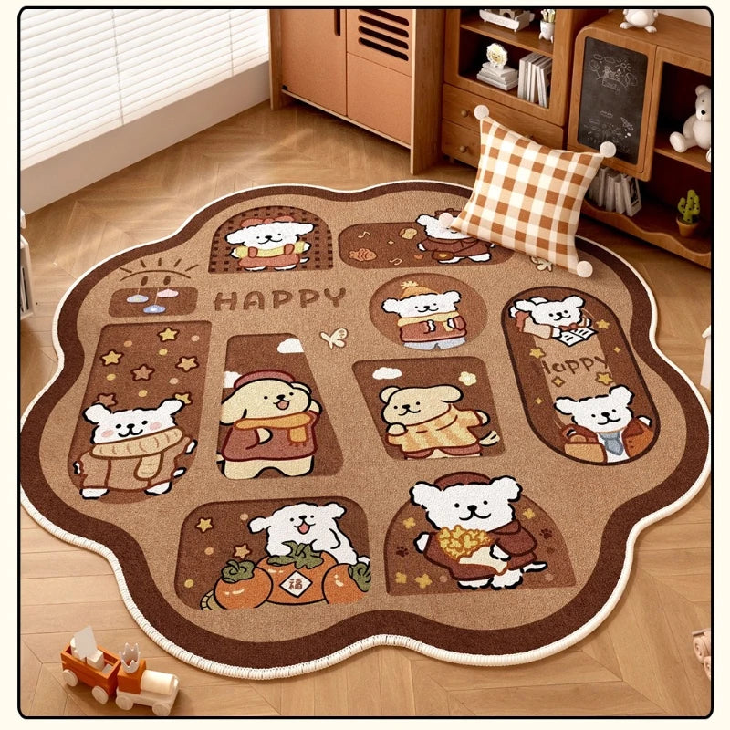 Navak Carpet Retro Brown Living Room Decoration Round Carpet Cartoon Style Rugs for Bedroom Anti-slip Lounge Floor Mat Washable Home Soft Rug