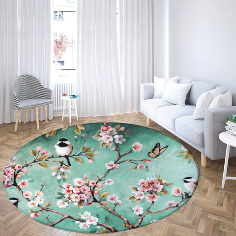Navak Teppich Home Wohnzimmer Schlafzimmer Badezimmer Bodenmatte Druck Dekorativer Teppich Blume und Vogel Runde Pfingstrose Rose