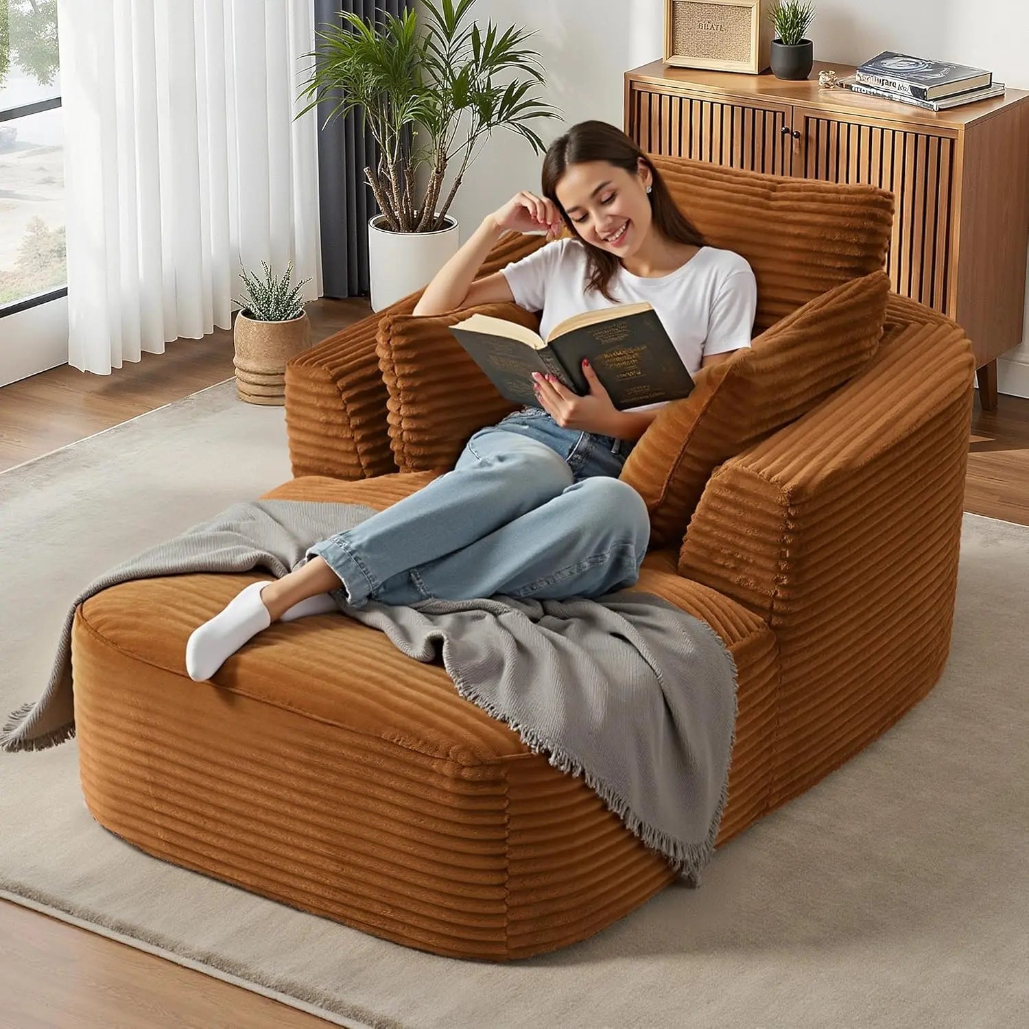 Navak Carpet „65“ Cord-Sofa ohne Knochen – luxuriöse, übergroße Chaiselongue mit tiefer Sitzfläche, Lese-/Schlafsessel für das Wohnzimmer