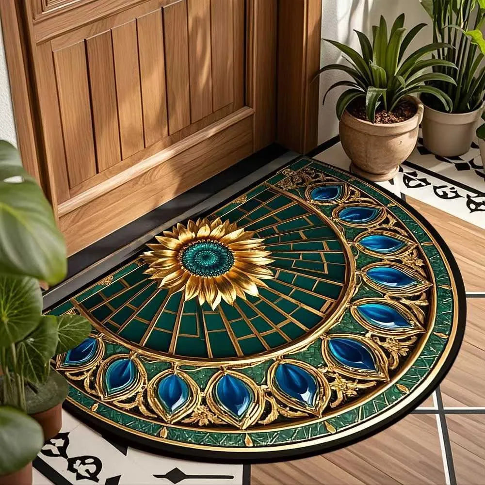 Navak Carpet Rutschfeste, halbrunde Fußmatte mit Blumenmuster, saugfähig, Willkommensteppich, waschbar, Fußmatte, Eingangsmatte für drinnen und draußen