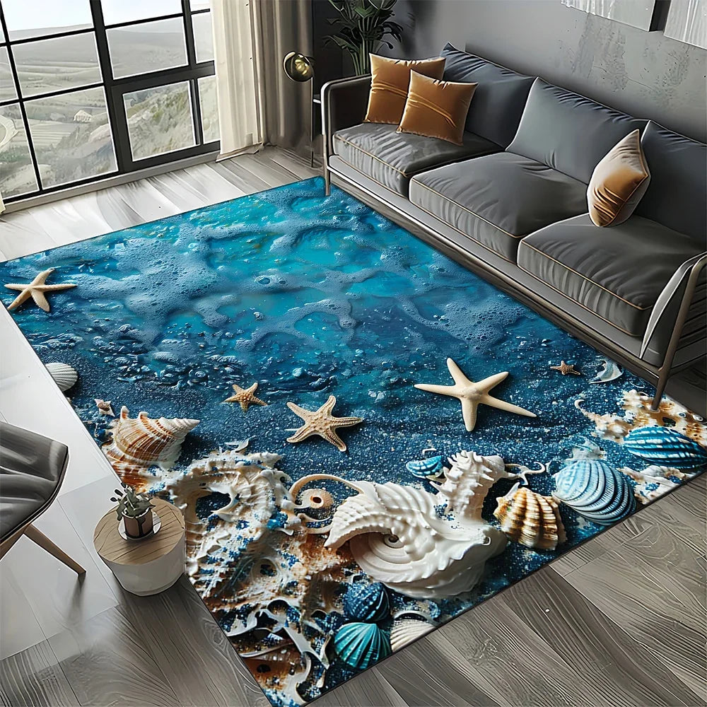 Navak Carpet 2025 Neuer Seestern-Strand-Muschel-Seestern-Sand-Teppich für Wohnzimmer, Schlafzimmer, Heimsofa-Dekoration, Kinderspiel-Rutschfeste Bodenmatte