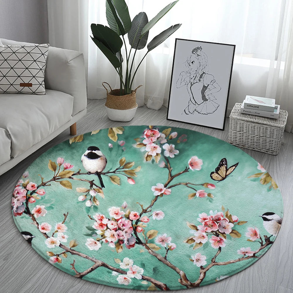 Navak Teppich Home Wohnzimmer Schlafzimmer Badezimmer Bodenmatte Druck Dekorativer Teppich Blume und Vogel Runde Pfingstrose Rose