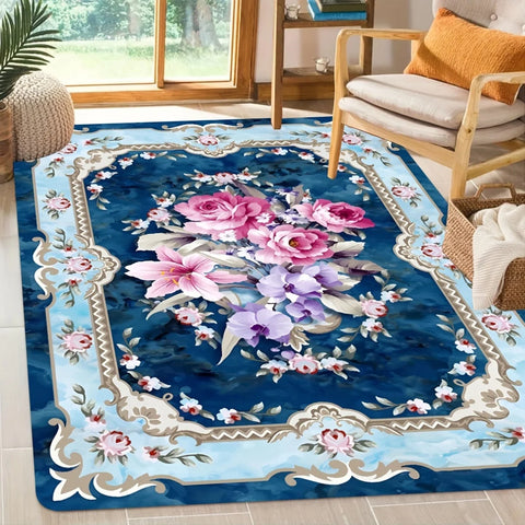 Navak Carpet Crystal velvet rug, large Persian floral print. Pink, white, green retro boho mat for modern homes—entry, bedroom, living room.