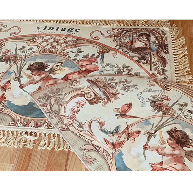 Navak Teppich Retro Wohnzimmer Teppiche Home Dekoration für Schlafzimmer Teppich Kleine Fußmatte Europäischer Engel Gedruckt Baumwolle Veranda Hand Quaste Teppich