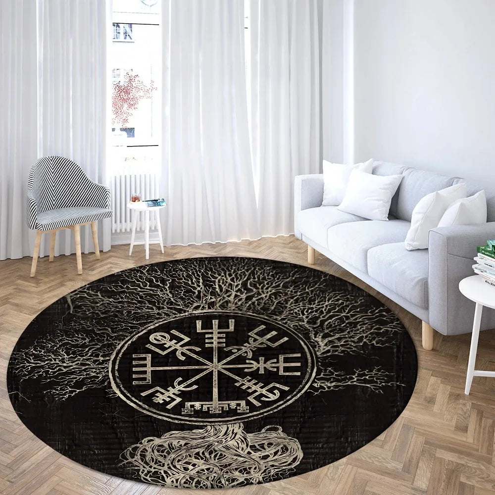 Navak Teppich Weltenbaum, rund, Wikinger-Druck, nordische Mythologie, rund, für Wohnzimmer, Schlafzimmer, Bodenmatte, Spielzimmer